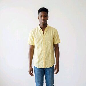 SuperDry Studios Men's Medium Linen Cotton Blend Yellow Short Sleeve Button-down